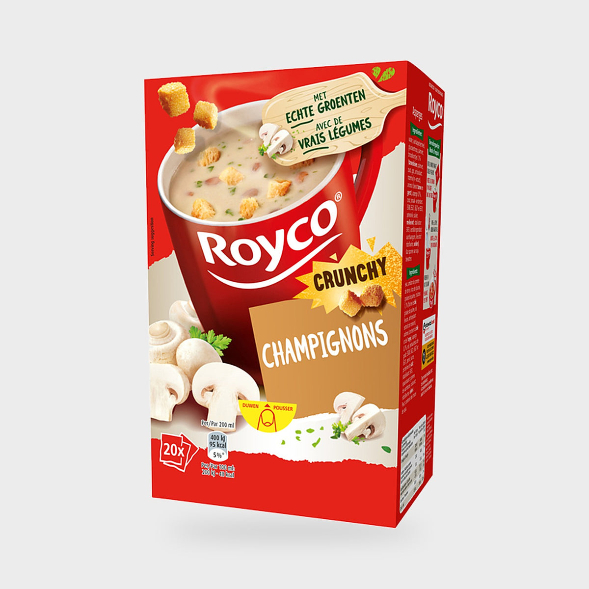 Soupe Royco Crunchy champignons, nouvel emballage de la boîte de 20 sachets