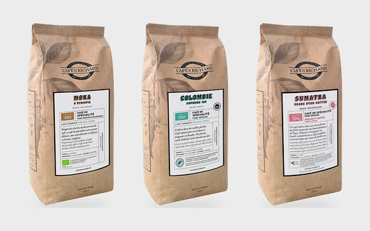Cafés de spécialité Cafés Richard 500 g : Moka d'Éthiopie, Colombie Supremo et Sumatra Orang Utan Coffee