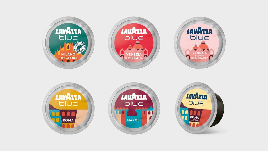 Les six capsules Lavazza Blue de la collection Tales of Italy : Milano, Venezia, Venezia Lungo, Roma, Napoli et Roma Lungo