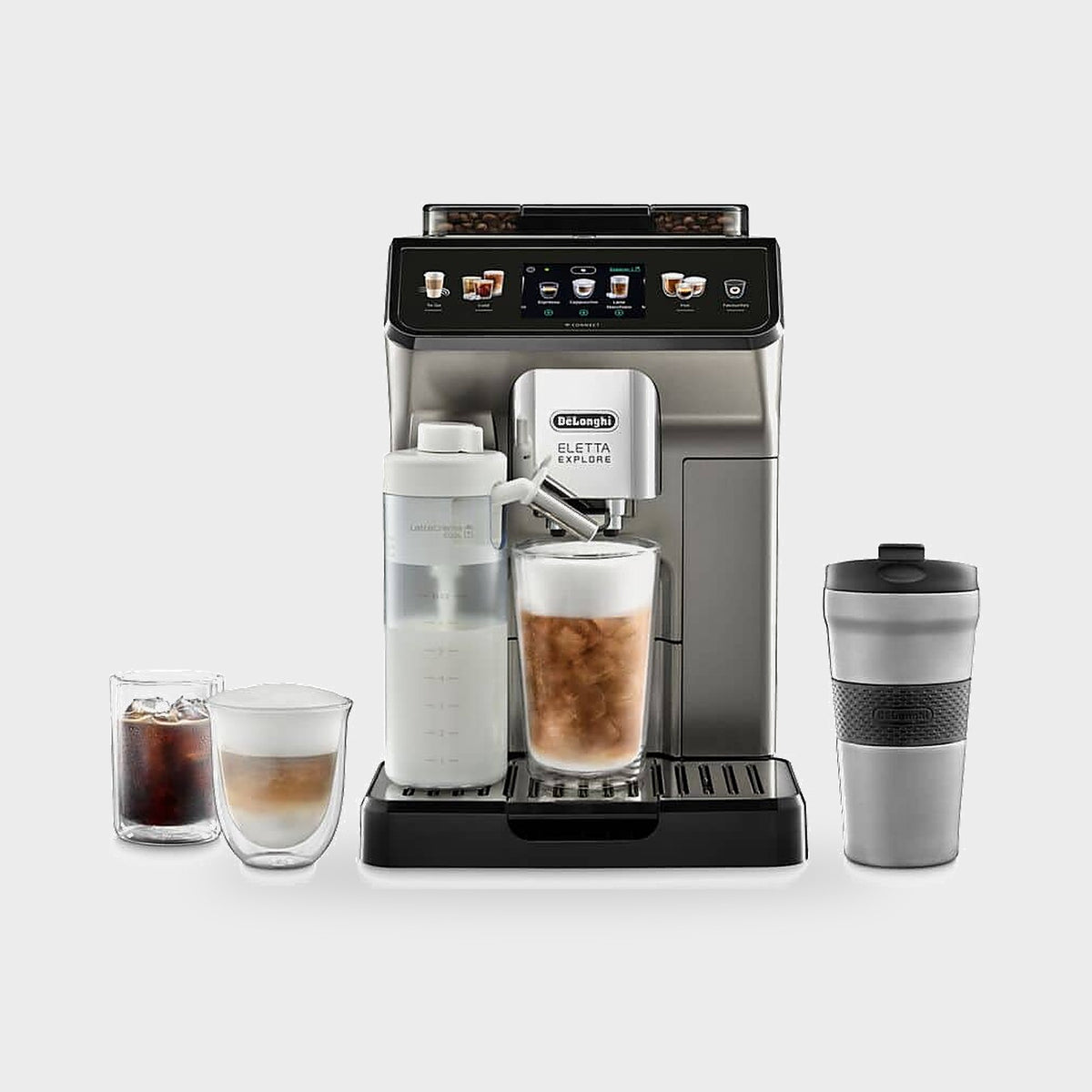 Machine à café De'Longhi Eletta Explore Titanium ECAM 450.86.T avec mug de voyage