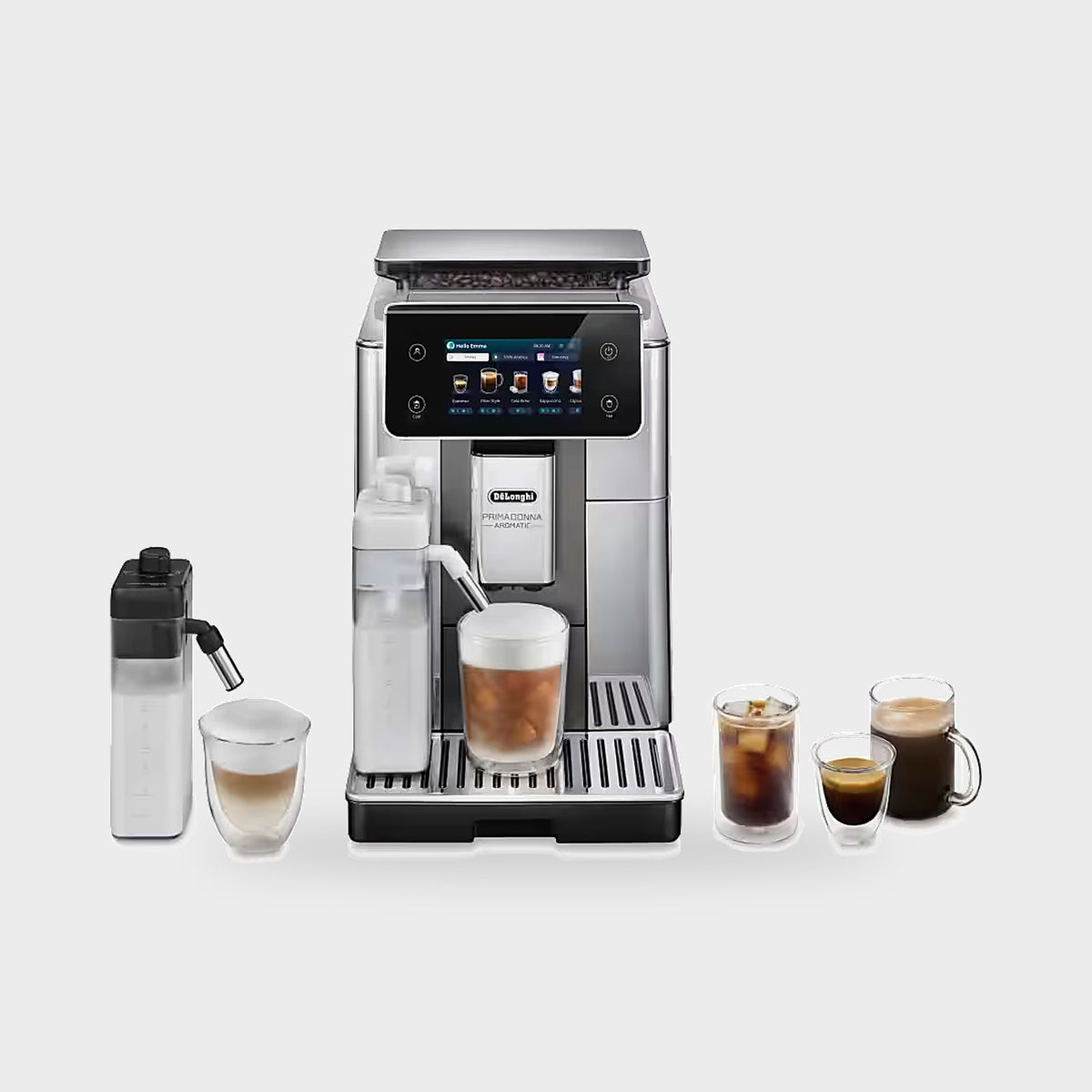 Machine à café De'Longhi PrimaDonna Aromatic ECAM 630.55.SSM vue de face avec carafe à lait