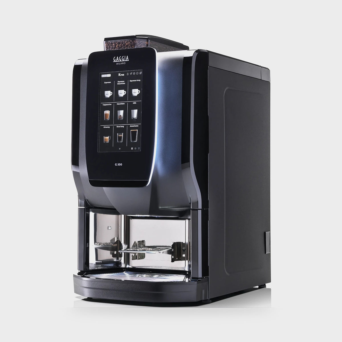 Gaggia G300 Krea machine professionnelle de trois quarts, trémie à grains sur le dessus
