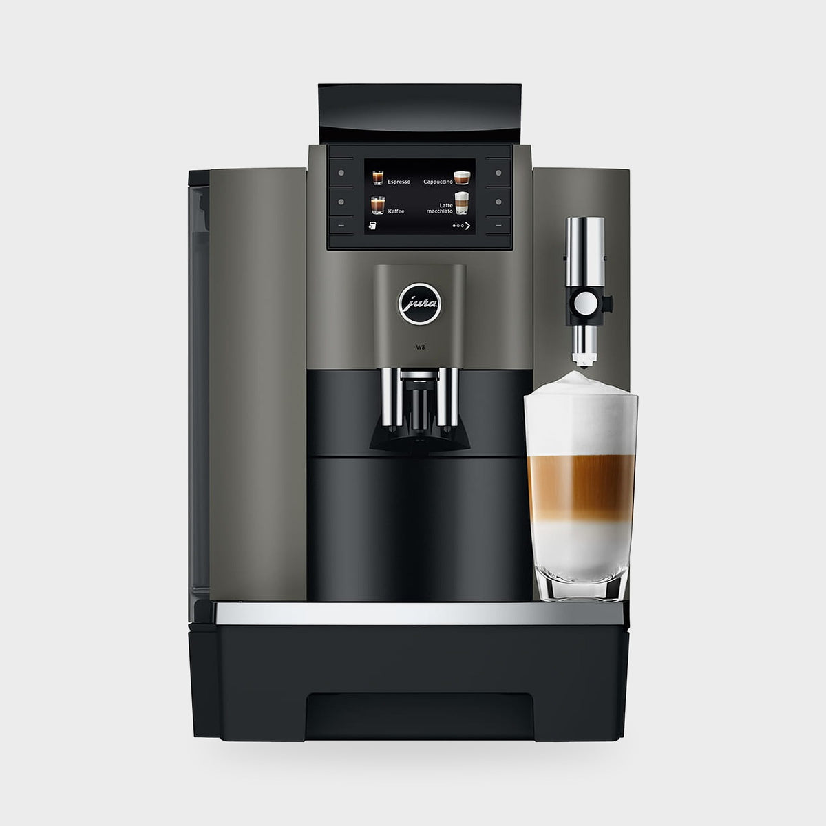 Jura W8 Dark Inox de face avec latte macchiato