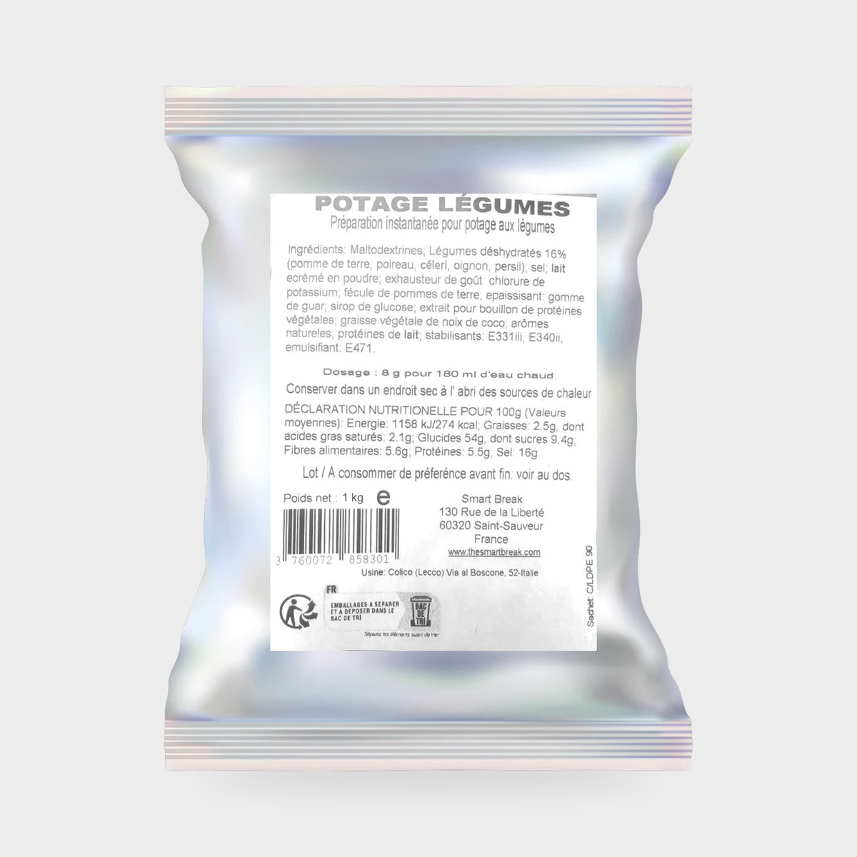 Sachet de potage légumes Smart Break 1 kg pour distributeur automatique, étiquette ingrédients