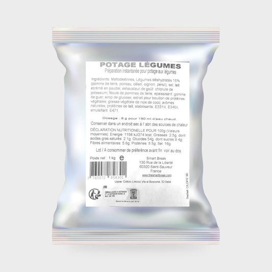 Sachet de potage légumes Smart Break 1 kg pour distributeur automatique, étiquette ingrédients