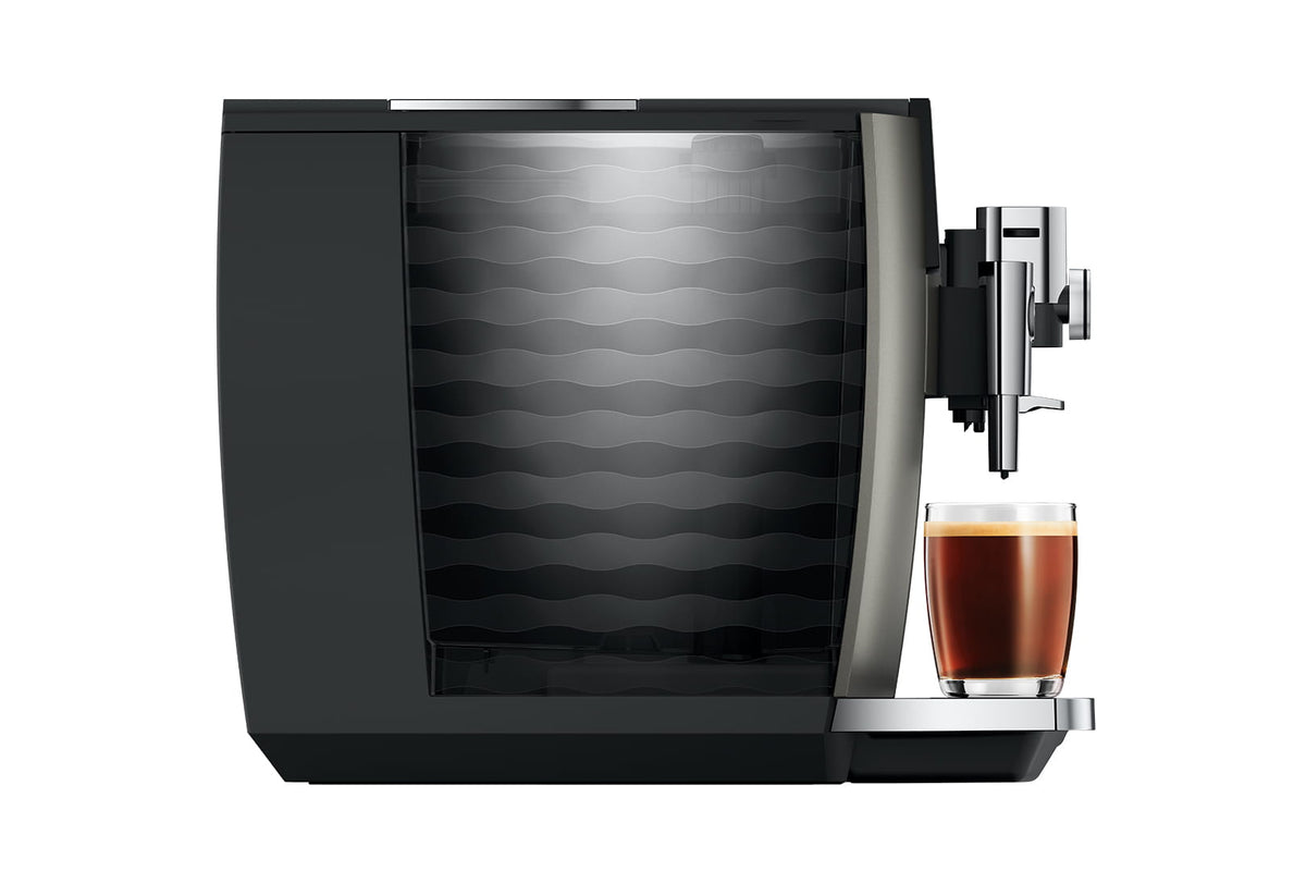 Jura S10 Dark Inox de profil, 27 cm de large